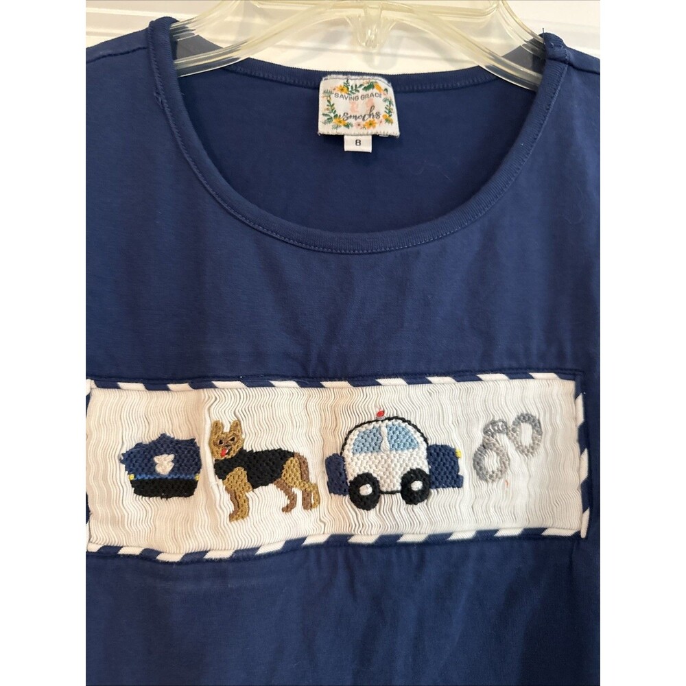 Smocked Little Girl’s T-shirt Police Dog LEO White Blue Handmade SMALL - Picture 2 of 4